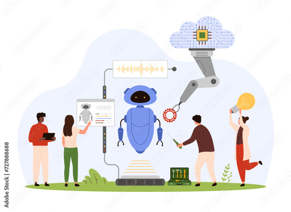 Poster ai automation, smart future construction technology and manufacturing. tiny people and tech robotic 