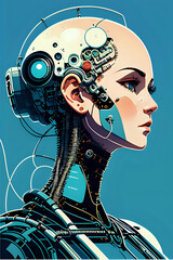 3D illustration of science fiction female humanoid cyborg lost in futuristic neon lit cyberpunk city