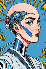 3D illustration of science fiction female humanoid cyborg lost in futuristic neon lit cyberpunk city