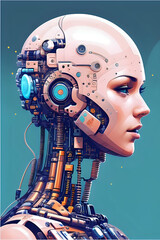 3D illustration of science fiction female humanoid cyborg lost in futuristic neon lit cyberpunk city