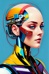 3D illustration of science fiction female humanoid cyborg lost in futuristic neon lit cyberpunk city