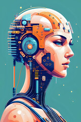 3D illustration of science fiction female humanoid cyborg lost in futuristic neon lit cyberpunk city