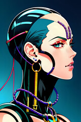 3D illustration of science fiction female humanoid cyborg lost in futuristic neon lit cyberpunk city