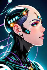 3D illustration of science fiction female humanoid cyborg lost in futuristic neon lit cyberpunk city