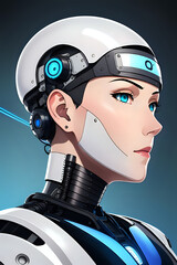 3D illustration of science fiction female humanoid cyborg lost in futuristic neon lit cyberpunk city