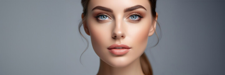 Fototapeta premium Beautiful face of young caucasian girl with natural make-up, perfect skin and blue eyes isolated. Studio portrait. Portrait of beautiful young brunette woman with smooth skin isolated on dark
