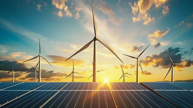 Renewable Energy: Windmill, Wind Turbine, and Solar Panel at Sunset. Generative ai