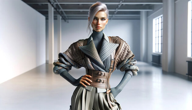 A 3D-rendered futuristic female model with striking silver hair and avant-garde fashion stands confidently in a minimalist gallery space. Fashion concept. AI generated.