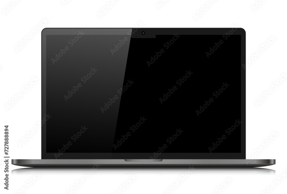 Poster a laptop with an empty black screen with a glare on a white background. realistic laptop layout with