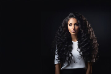 Fototapeta premium Black hair woman. Beautiful brunette hairstyle fashion portrait with beauty long black hair over black background. fashion interior photo of gorgeous woman with long dark hair