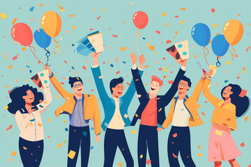 An image portraying a milestone celebration, employees are commemorating achievements and successes together, Vector illustrative photograph of young people surrounded by confetti and party elements - obrazy, fototapety, plakaty