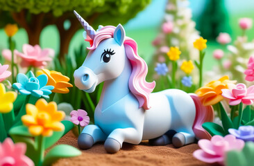 Cute little unicorn on a lawn with bright flowers and shrubs. A toy magical creature, a fantasy world