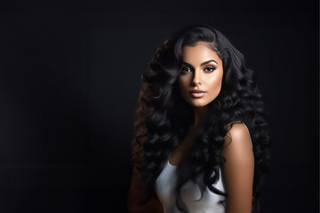 Naklejka premium Black hair woman. Beautiful brunette hairstyle fashion portrait with beauty long black hair over black background. fashion interior photo of gorgeous woman with long dark hair