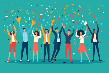 An image portraying a milestone celebration, employees are commemorating achievements and successes together, Vector illustrative photograph of young people surrounded by confetti and party elements
