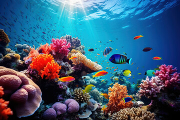 Naklejka na ściany i meble An underwater coral reef scene with tropical fish, creating a colorful and dynamic background for text associated with marine life and conservation. Generative Ai.