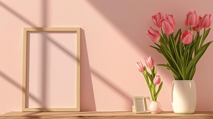 An empty photo frame adorned with pink tulips, offering a picturesque setting with ample copy space for text.