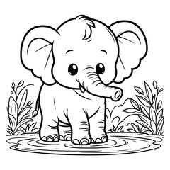 Cute Elephant cartoon vector, hand drawn illustration of elephant near plants and water for kids coloring book page