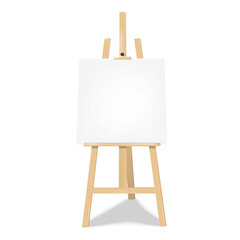 Wooden display easel stand with white blank square poster board realistic vector mock-up. Collapsible chalk board banner sign standee mockup