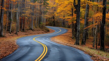 The asphalt road gracefully bends, navigates through the enchanting autumn forest. Surrounding trees adorned in warm fall colors create a scenic tunnel.
