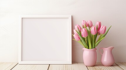 The elegance of pink tulips complementing an empty photo frame, providing an enchanting backdrop for text or designs.