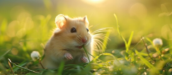 Cute Little Hamster Enjoys Eating Grass in the Sun