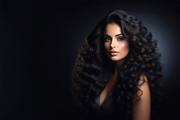 Fototapeta premium Black hair woman. Beautiful brunette hairstyle fashion portrait with beauty long black hair over black background. fashion interior photo of gorgeous woman with long dark hair
