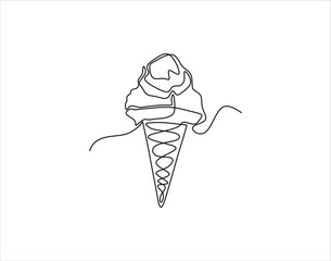 Simple Outline Of Ice Cream in Waffle Cone. Ice Cream In One Countinuous Line Art. Ice Cream Cone Line Art.