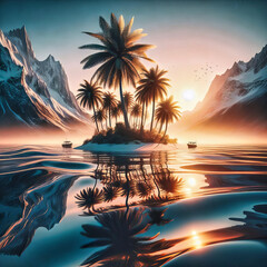 tropical island with palm trees at sunset