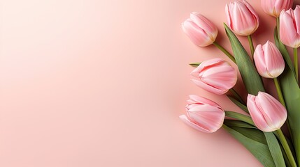 Spring flower pink tulips on the pink background with copyspace. Theme of love, mother's day, women's day