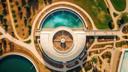 Aerial view of Water Treatment Plant for Purify Water or Environment Conservation. top view