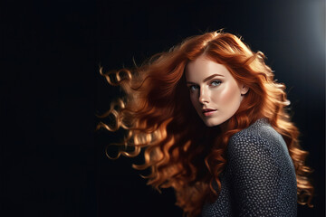 Sexy beautiful redhead girl with long hair. Perfect woman portrait on black background. Gorgeous hair and deep eyes. Natural beauty, clean skin, facial care and hair. Strong and thick hair. Flower