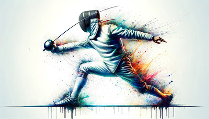 An artistic depiction of a fencer in motion, with a dynamic explosion of colorful paint splatters emphasizing movement and the sport's agility.Sport concept. AI generated.