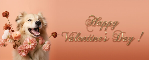  Happy Valentine's Day pink greeting card with golden retriever and flowers 