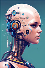 3D illustration of science fiction female humanoid cyborg lost in futuristic neon lit cyberpunk city