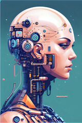 3D illustration of science fiction female humanoid cyborg lost in futuristic neon lit cyberpunk city