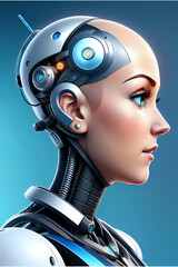 3D illustration of science fiction female humanoid cyborg lost in futuristic neon lit cyberpunk city