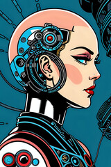 3D illustration of science fiction female humanoid cyborg lost in futuristic neon lit cyberpunk city