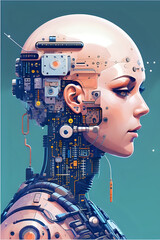 3D illustration of science fiction female humanoid cyborg lost in futuristic neon lit cyberpunk city