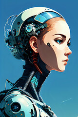 3D illustration of science fiction female humanoid cyborg lost in futuristic neon lit cyberpunk city