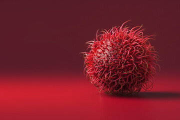 Rambutan, close up. Vibrant red isolated background. Space for text.