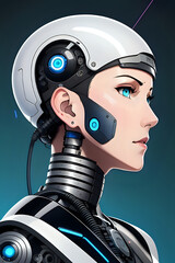 3D illustration of science fiction female humanoid cyborg lost in futuristic neon lit cyberpunk city