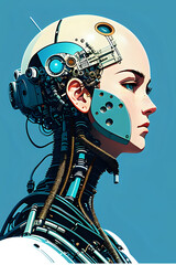 3D illustration of science fiction female humanoid cyborg lost in futuristic neon lit cyberpunk city