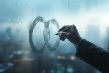 A businessman's hand drawing an infinity symbol on a foggy window, representing endless possibilities, continuous improvement, and strategic flexibility.
