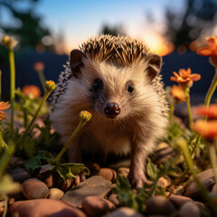 Fototapeta premium Hedgehog in natural habitat with warm sunset glow exploring a garden during golden hour evokes calm and curiosity for wildlife enthusiasts and children's educational materials