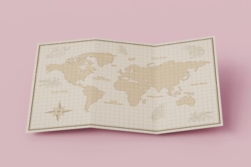 3d Minimal vintage Folded map icon. 3D world map paper location concept, isolated on pink background, Element for Map, social media, Mobile Apps. 3d minimal cartoon creative. 3d rendering illustration