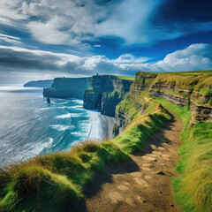 Scenic view of rugged cliffs along the Atlantic Ocean in Ireland perfect for tourism and outdoor adventure with sunlight green grass and tranquil atmosphere - obrazy, fototapety, plakaty