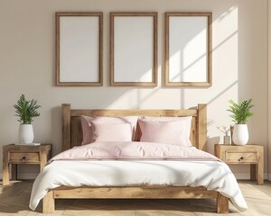 Wooden bed with pink pillows blanket and two bedside cabinets against white wall with posters frames. interior design of modern bedroom.