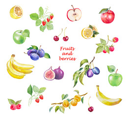 Hand painted watercolor illustration of  fruits and berries , apple, banana, plum, cherry, peach, raspberry,   set	