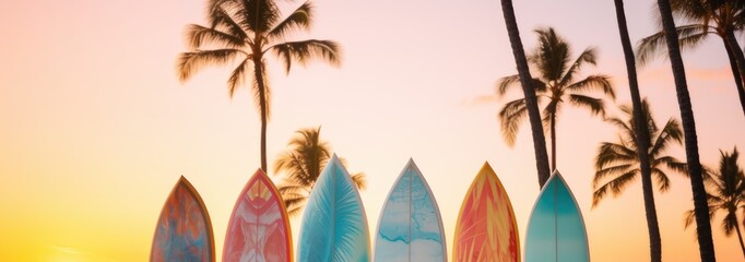 Fototapeta na wymiar Surfboards on the beach at sunset. Surfboards on the beach. Vacation Concept with Copy Space. Surfboards on the beach. Panoramic banner. vacation concept. 