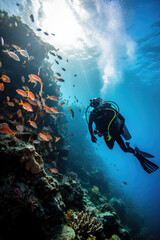 Scuba diver exploring the tranquil underwater world with vibrant coral reef and marine life ideal for tourism and eco-friendly travel advertising